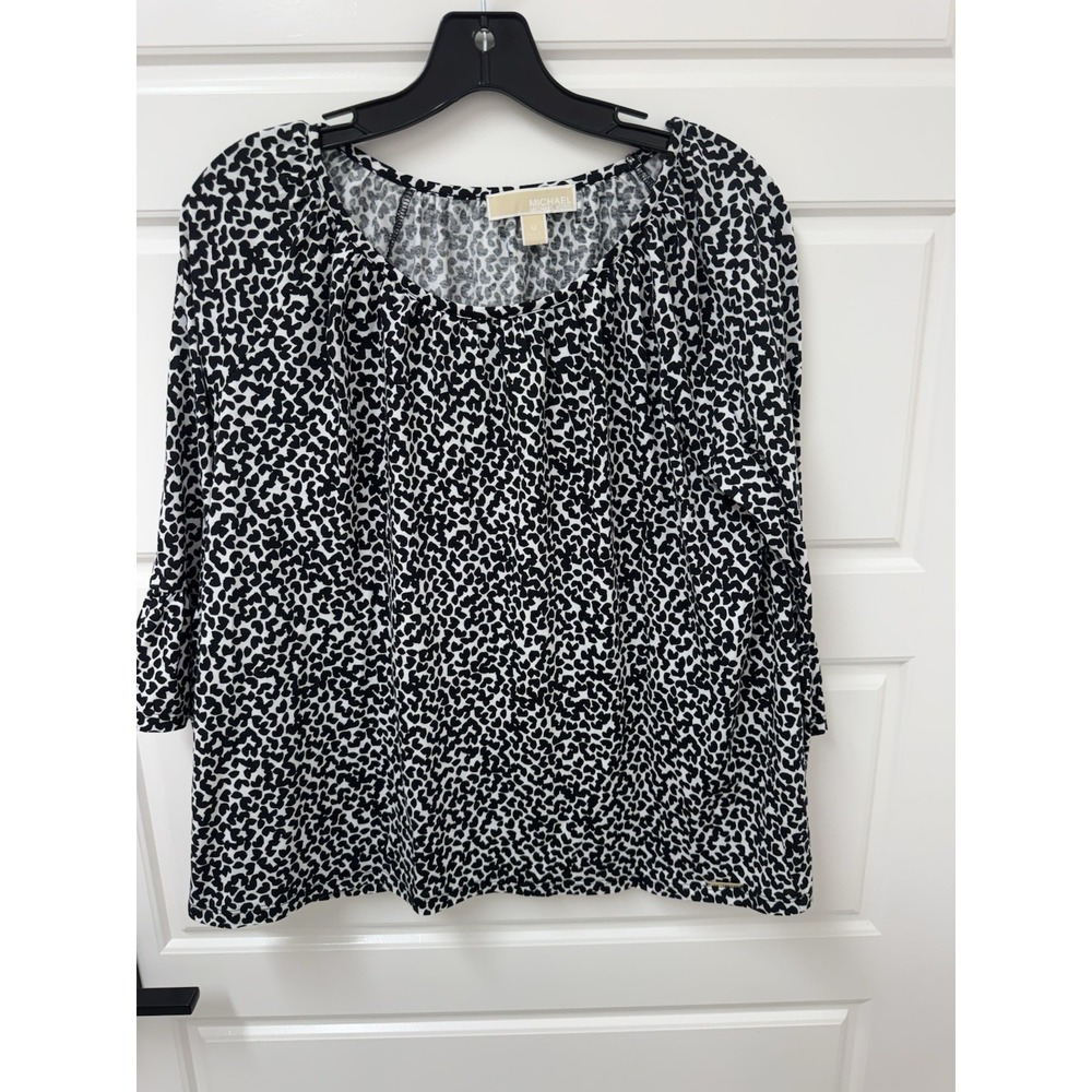 Michael Kors Women Medium Blouse Black White Heart Print Bell Sleeve Top
